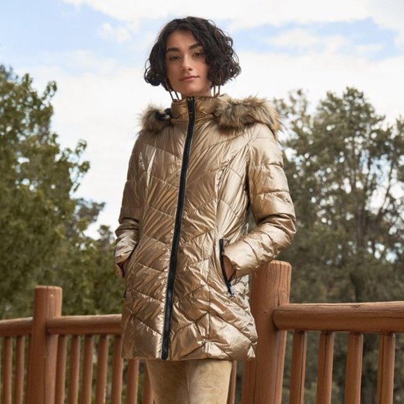 Chevron Padded Puffer Jacket with Faux Fur Hood - Picture 1 of 3